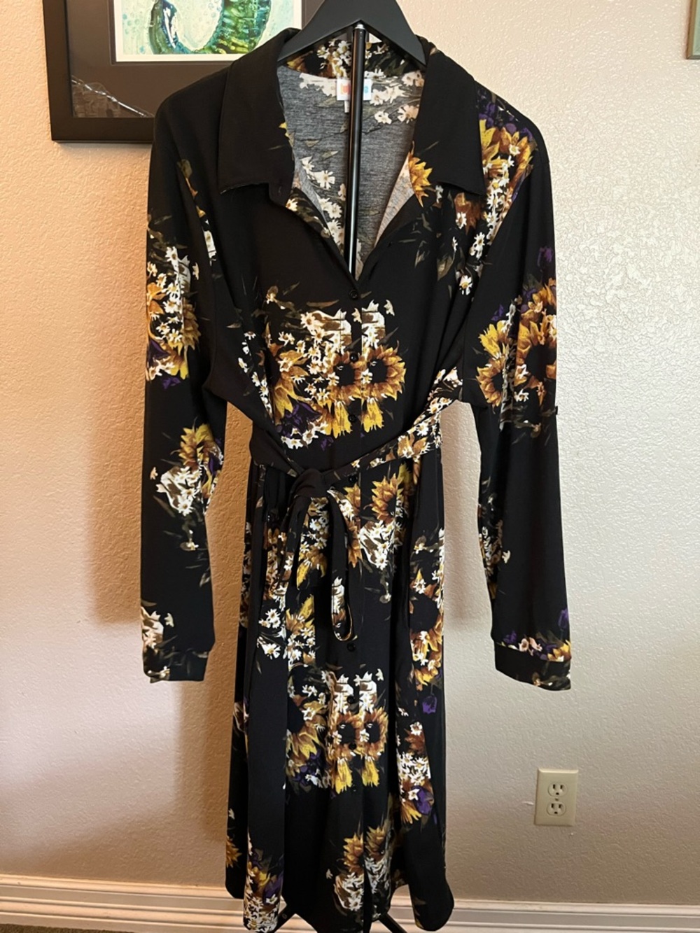EUC LuLaRoe Black Floral Tie-Waist Dress with Yellow & Purple Accents